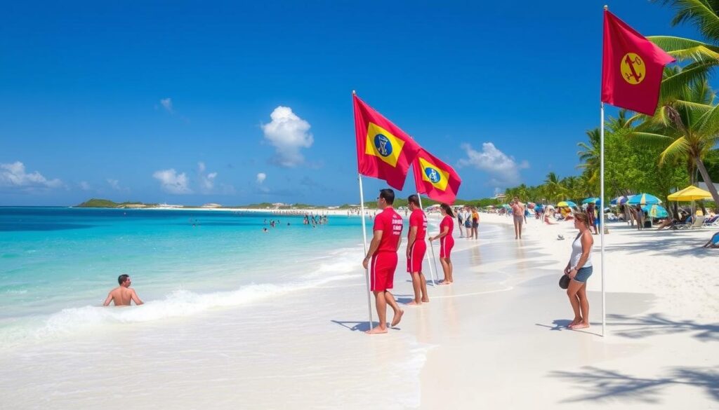 Strzeżona plaża na Barbadosie z ratownikami i flagami bezpieczeństwa