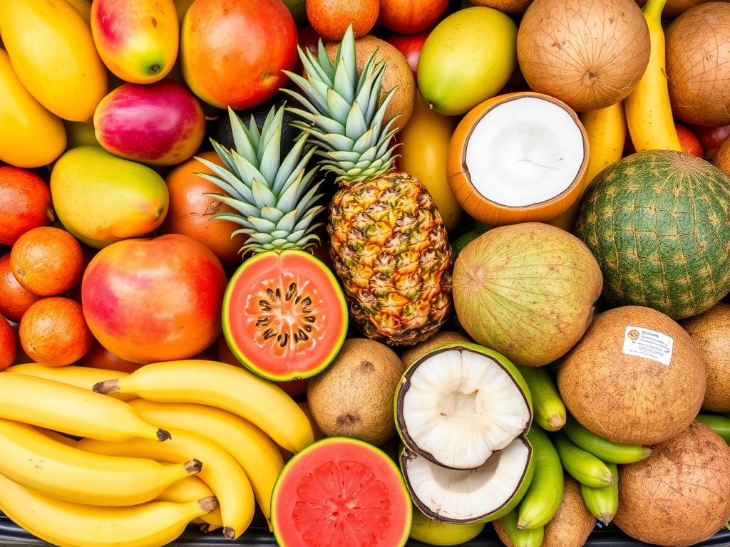 Świeże tropikalne owoce na Dominikanie - mango, ananas, papaja i kokos