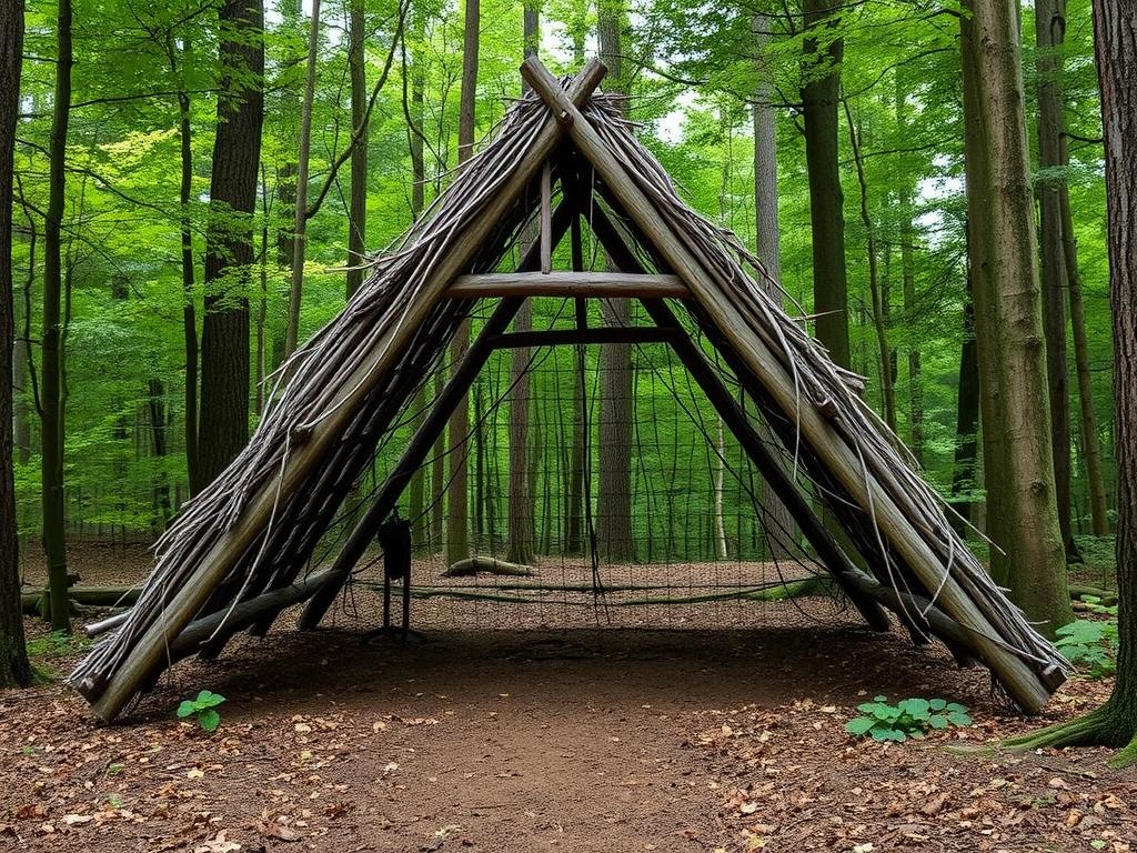 Szałas dwuspadowy w lesie z widoczną konstrukcją