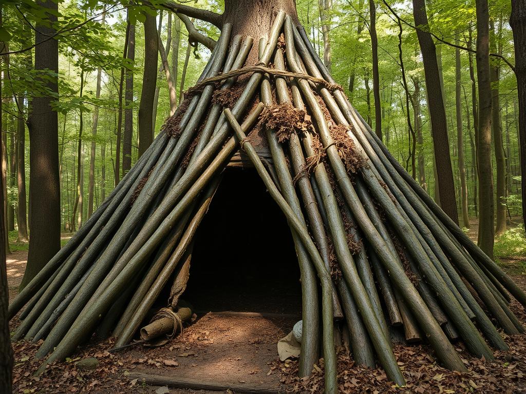 Szałas typu tipi (wigwam) zbudowany wokół drzewa