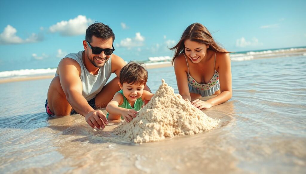 Szczęśliwa rodzina z dzieckiem na wakacjach na Dominikanie, bawiąca się na plaży