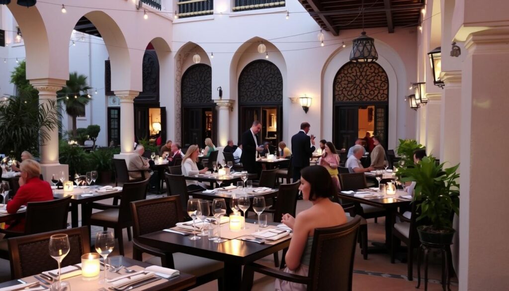 Taras restauracji hotelowej w Maroku serwującej alkohol dla turystów