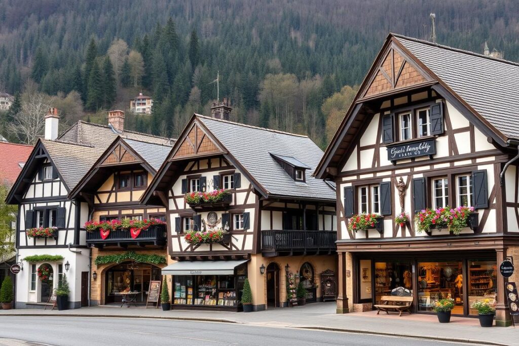 Tradycyjne domy w Triberg z zegarami z kukułką w Schwarzwaldzie (Czarnym Lesie)