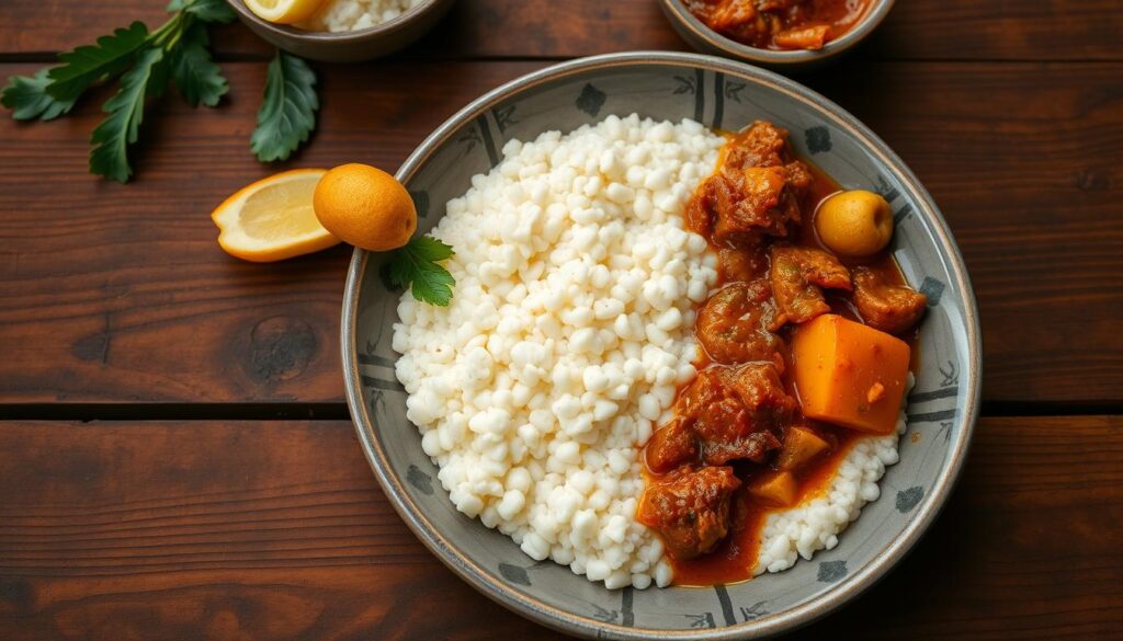 Tradycyjne kenijskie danie Ugali z gulaszem mięsnym i warzywami