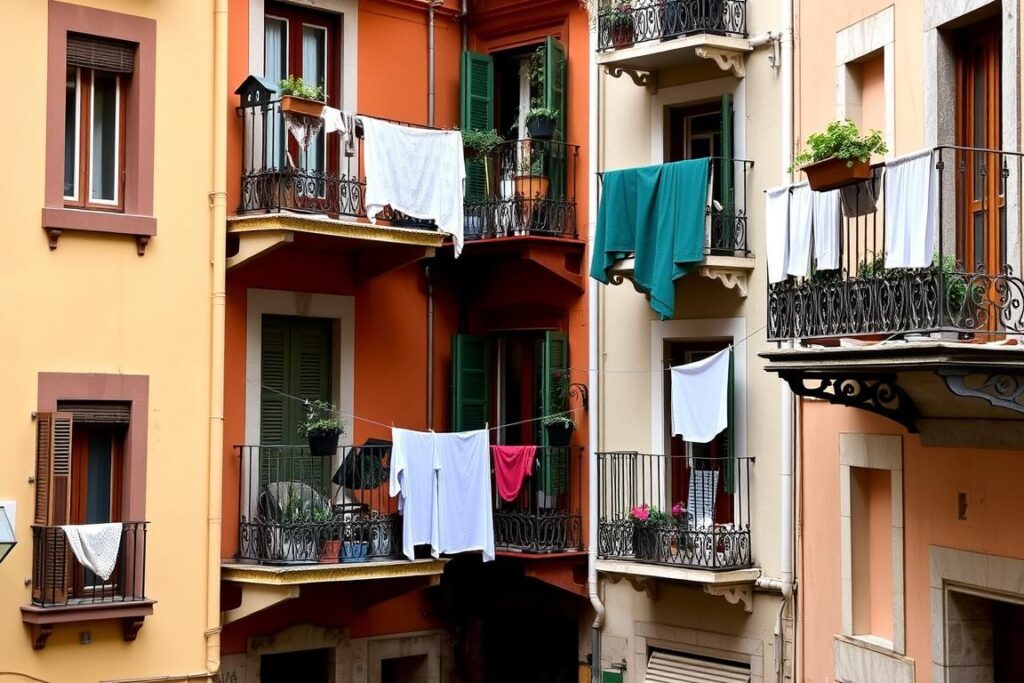 Tradycyjne neapolitańskie balkony w historycznym centrum miasta z suszącym się praniem