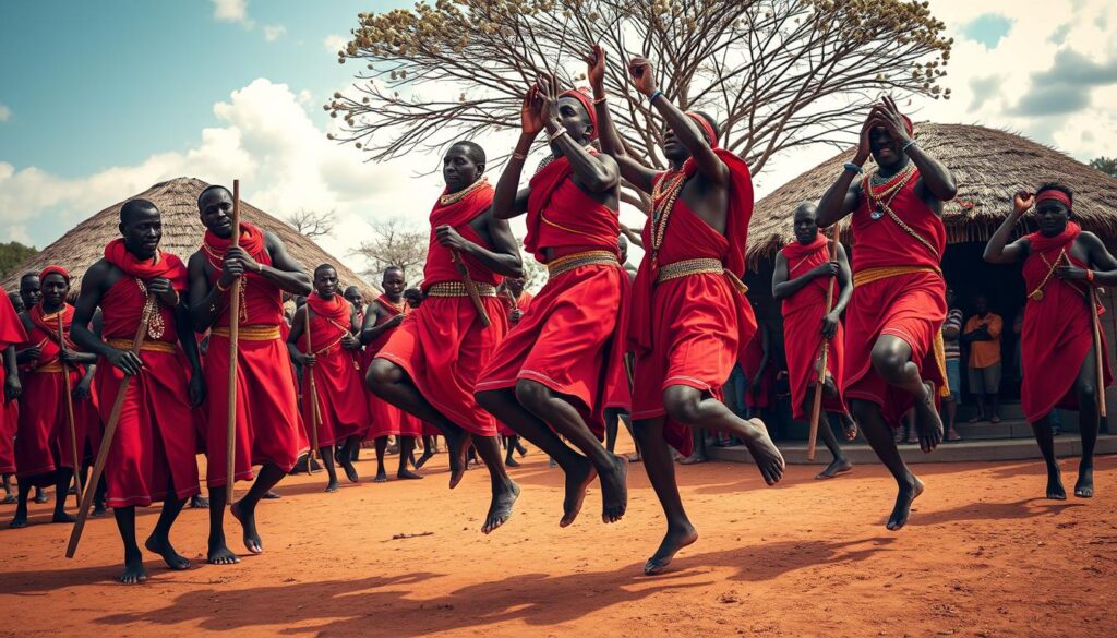 Tradycyjny taniec Masajów w kenijskiej wiosce z kolorowymi strojami