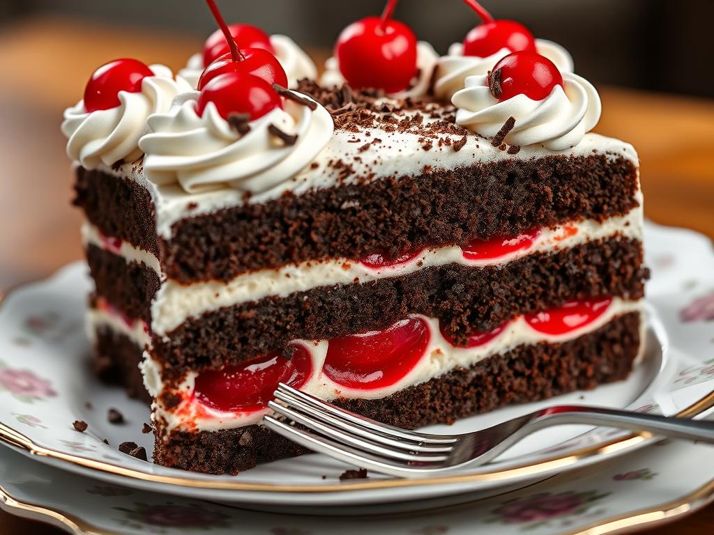 Tradycyjny tort Schwarzwaldzki (Schwarzwälder Kirschtorte) z wiśniami i czekoladą