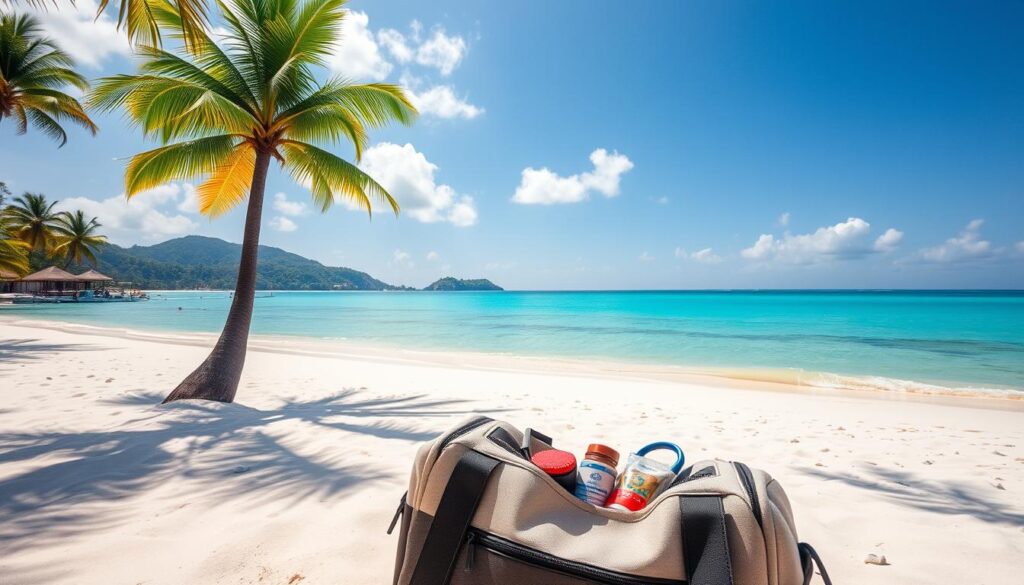 Tropikalna plaża na Seszelach z palmami i turkusową wodą, co zabrać na wakacje na Seszele