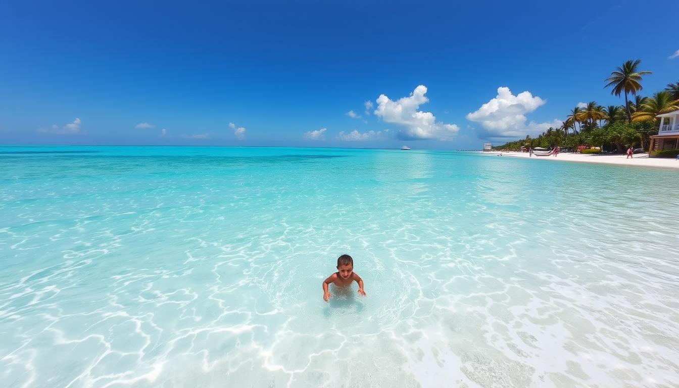Turkusowe wody Morza Karaibskiego przy plaży na Dominikanie z dzieckiem bawiącym się w płytkiej wodzie