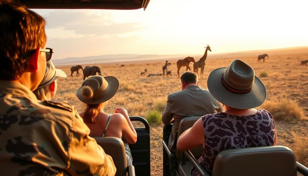 Turyści na safari w Parku Narodowym Masai Mara obserwujący dzikie zwierzęta