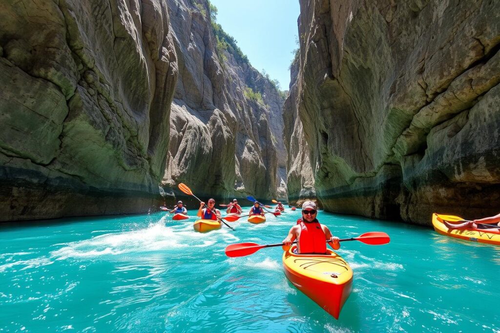 Turyści podczas spływu kajakowego w kanionie Dniestru, otoczeni wysokimi skalnymi ścianami