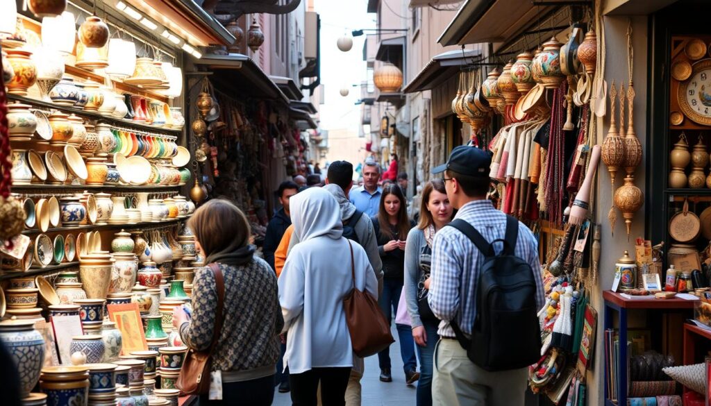 Turyści robiący zakupy na tradycyjnym marokańskim targu (souku)