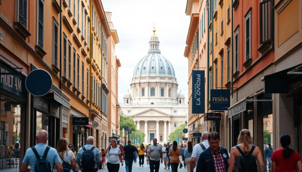 Turyści spacerujący ulicami Rzymu w kierunku Watykanu z widoczną kopułą Bazyliki św. Piotra w oddali
