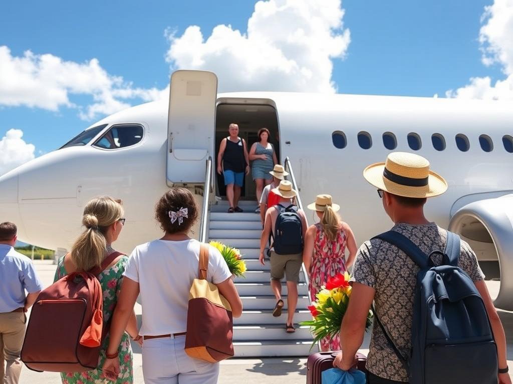 Turyści wysiadający z samolotu na lotnisku na Seszelach, witani przez lokalny personel