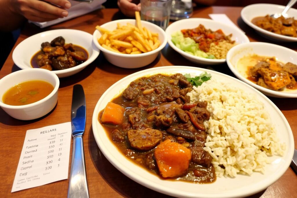 Typowe brazylijskie jedzenie z cenami w restauracji w Rio de Janeiro pokazujące koszty życia w Brazylii