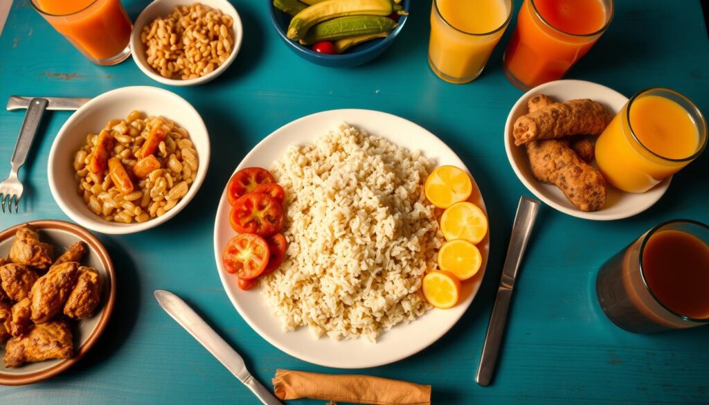 Typowe dania dominikańskie odpowiednie dla dzieci, w tym ryż, fasola, plantany i kurczak