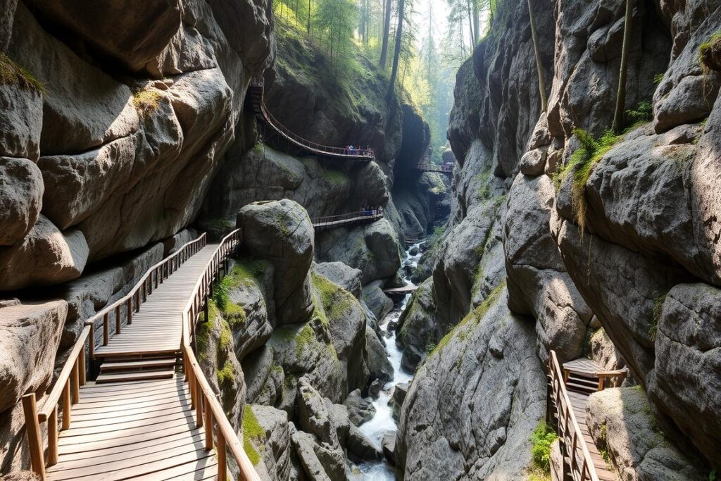Wąwóz Ravenna w Schwarzwaldzie (Czarnym Lesie) z charakterystycznymi drewnianymi kładkami