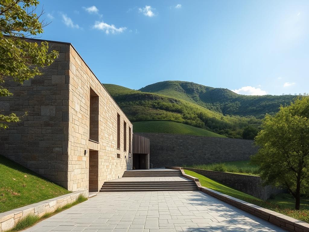 Wejście do Muzeum Altamiry z nowoczesną architekturą wkomponowaną w naturalny krajobraz