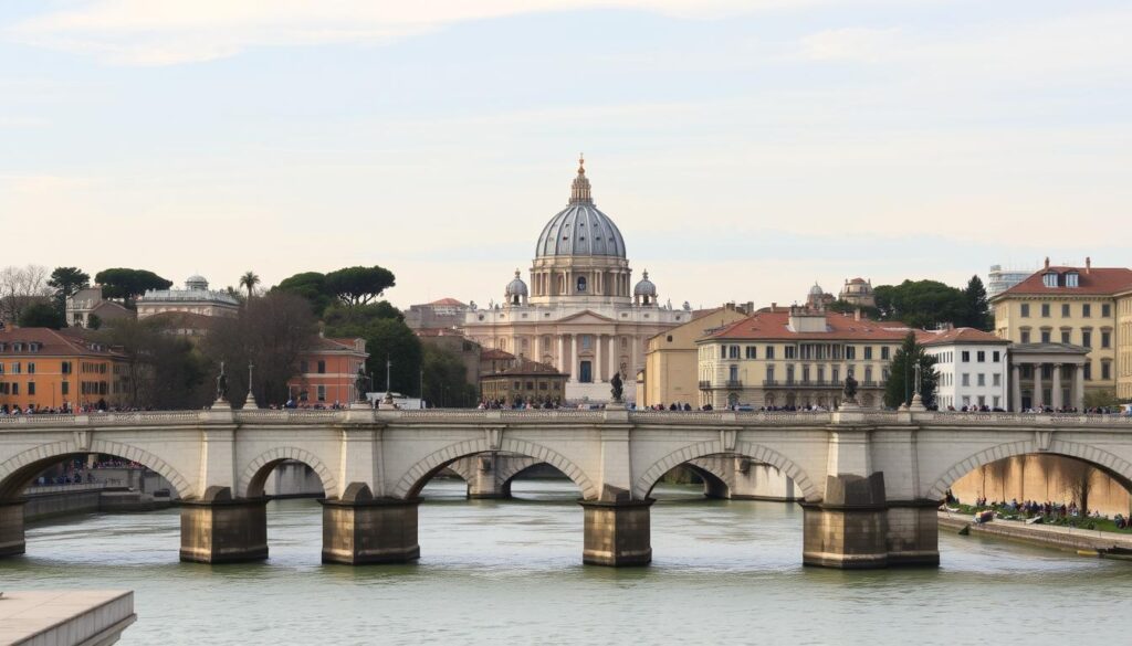 Widok na Bazylikę św. Piotra w Watykanie z mostu Świętego Anioła w Rzymie