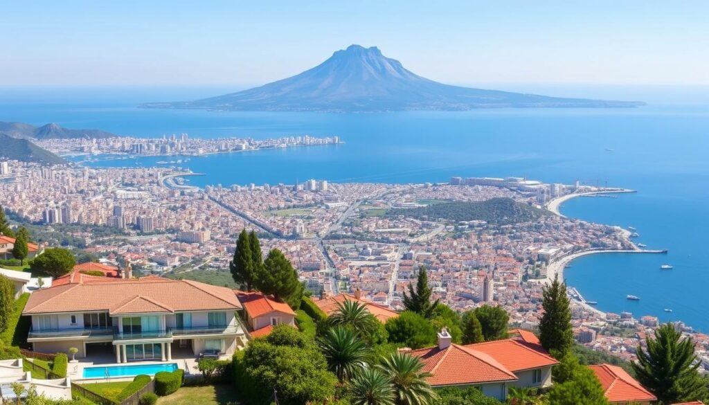 Widok na Neapol z dzielnicy Posillipo z panoramą miasta i Wezuwiuszem w tle