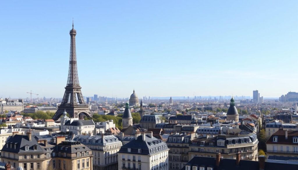 Widok na Paryż z Wieżą Eiffla i charakterystyczną zabudową miasta