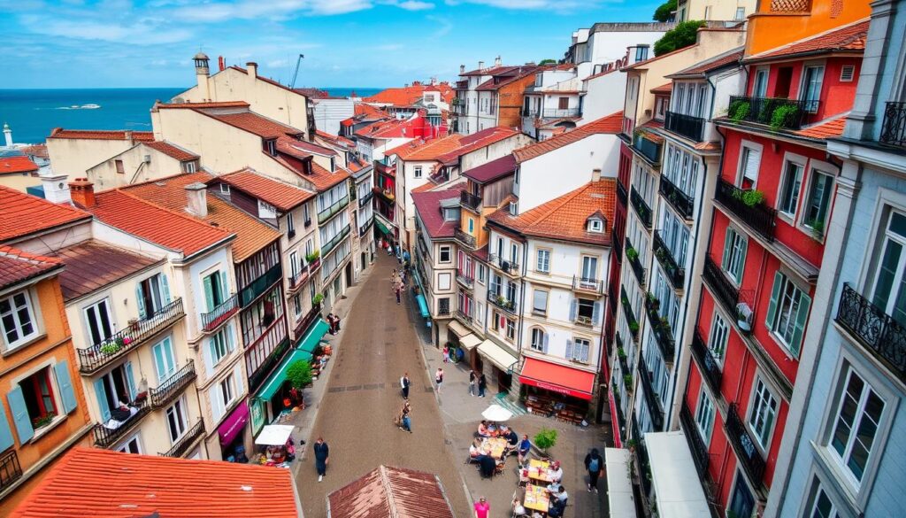 Widok na Stare Miasto (Parte Vieja) w San Sebastian z wąskimi uliczkami i tradycyjnymi budynkami