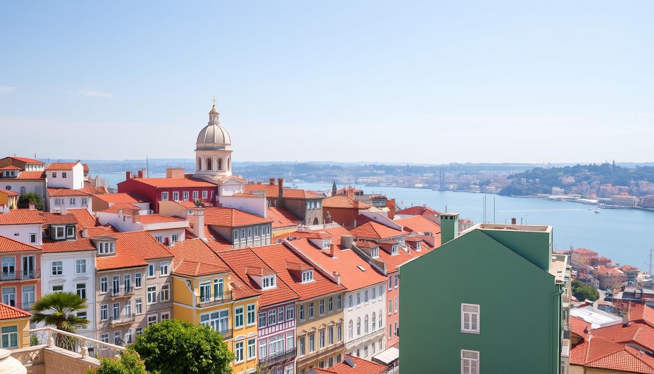 Widok na kolorowe budynki Lizbony z tarasem widokowym