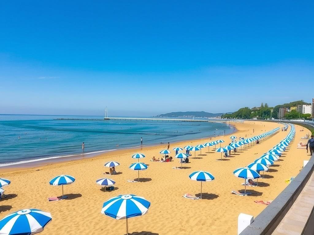 Widok na plażę La Concha w San Sebastian z promenady, pokazujący charakterystyczne niebiesko-białe parasole plażowe
