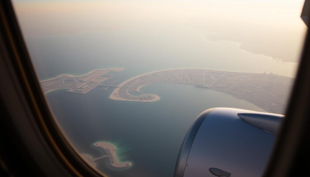 Widok z okna samolotu na Dubaj i Zatokę Perską podczas startu w kierunku Malediwów