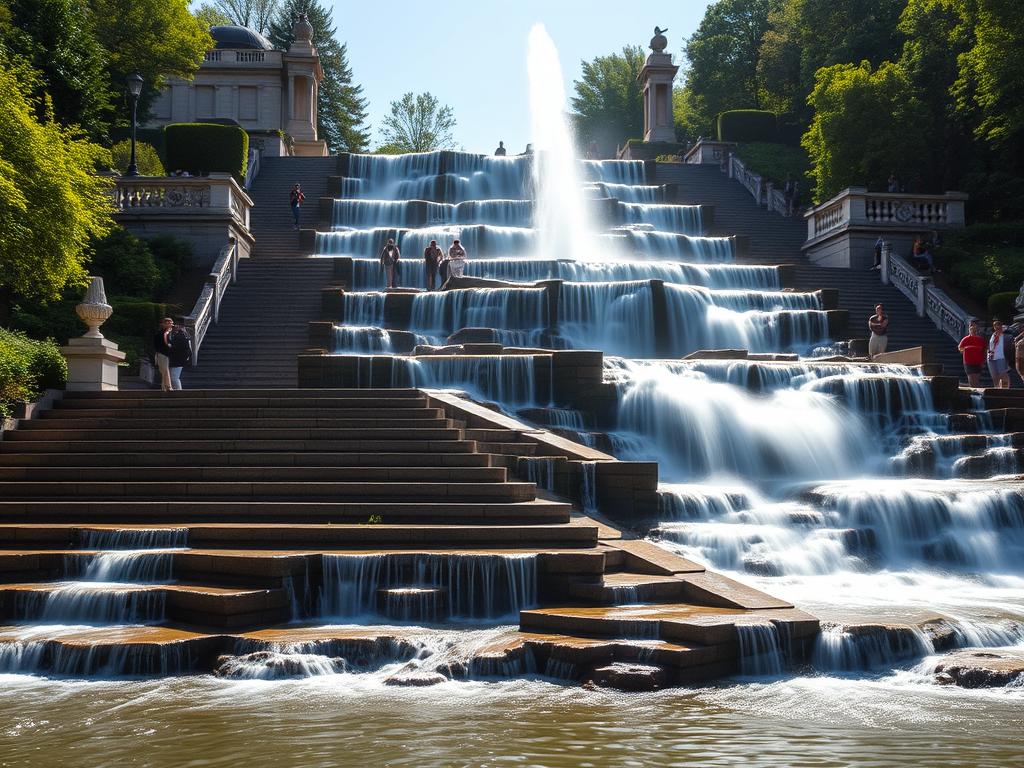 Wielki Wodospad w Parku Sofijowka z kaskadą wody spływającą po kamiennych stopniach
