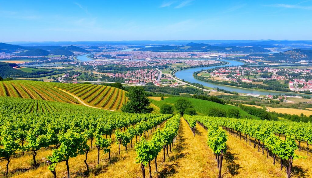 Winnice na wzgórzach wokół Mariboru z widokiem na miasto i rzekę Drawę