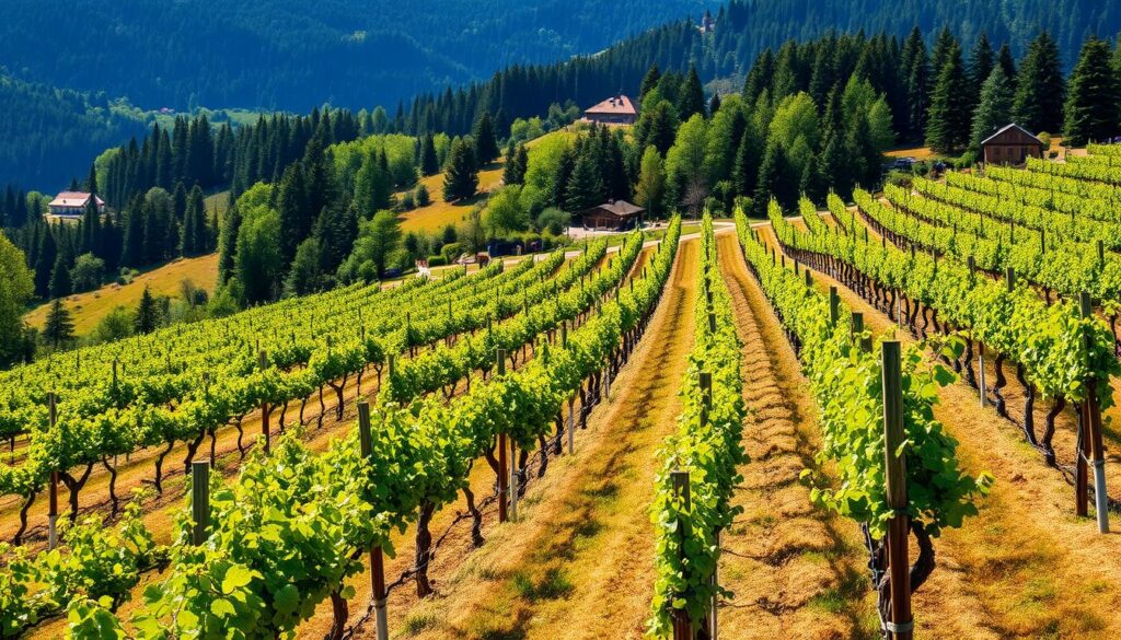 Winnice regionu badeńskiego w Schwarzwaldzie (Czarnym Lesie) z widokiem na wzgórza