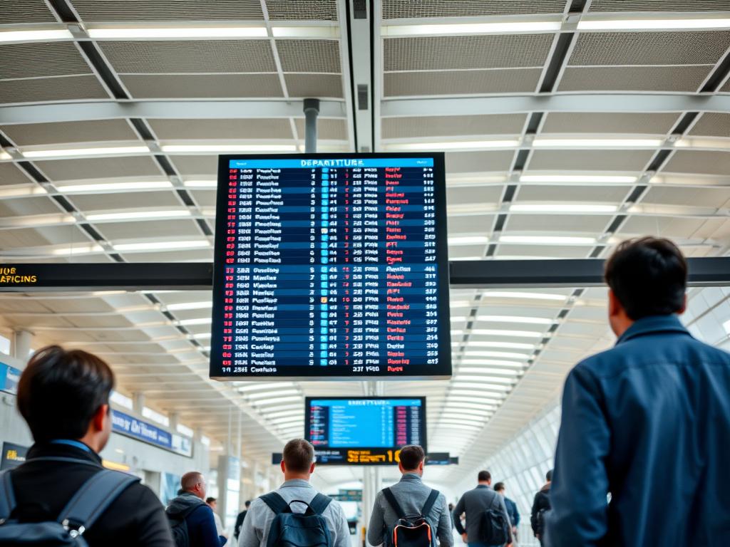 Wnętrze terminalu lotniska Fiumicino w Rzymie z tablicą odlotów