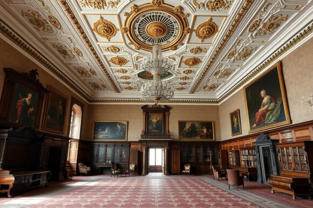 Wnętrze zamku w Podhorcach z zachowanymi historycznymi meblami i dekoracjami