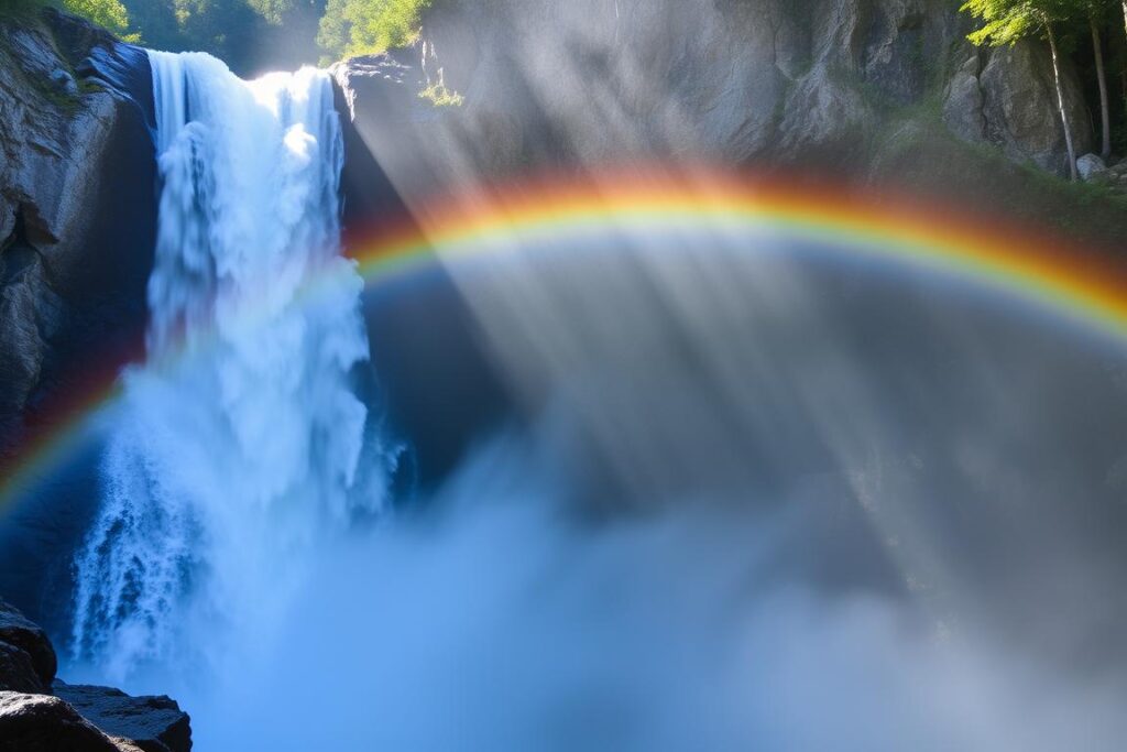 Wodospad Šum na końcu wąwozu Vintgar z tęczą utworzoną przez rozpylone krople wody