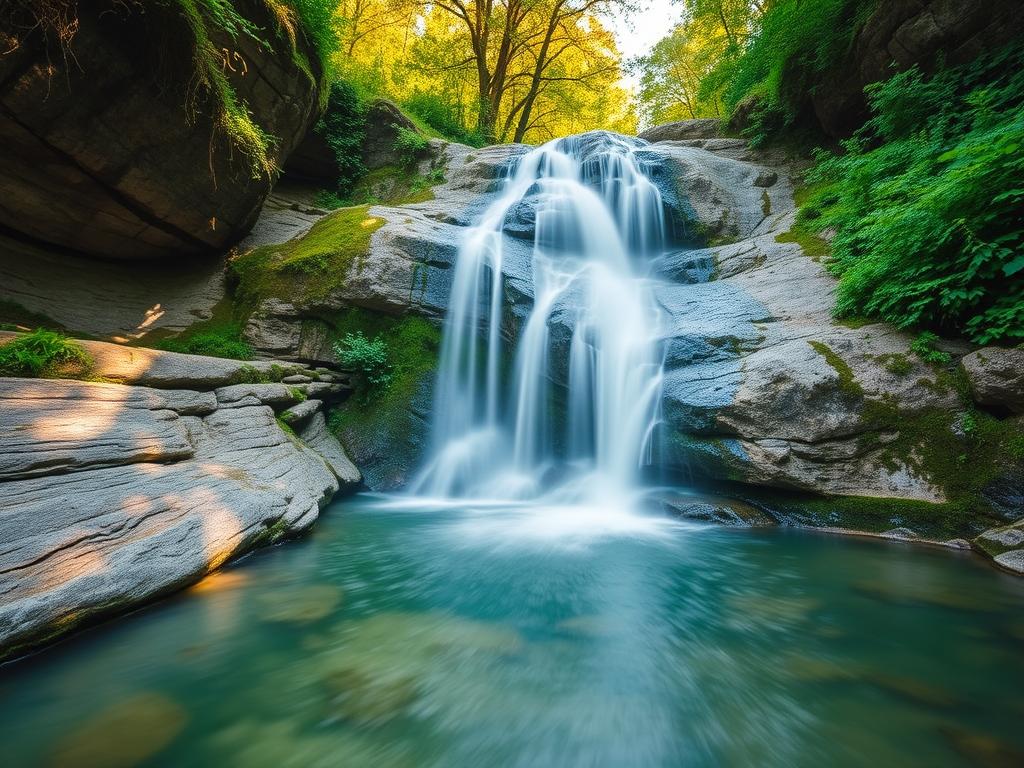 Wodospad w kanionie Buky z kaskadami wody spływającymi po skałach w otoczeniu bujnej zieleni