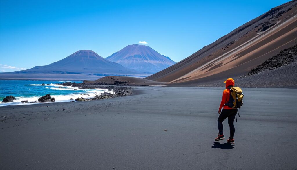 Wulkaniczny krajobraz Wysp Kanaryjskich z plażą, co zabrać na wakacje na Wyspy Kanaryjskie