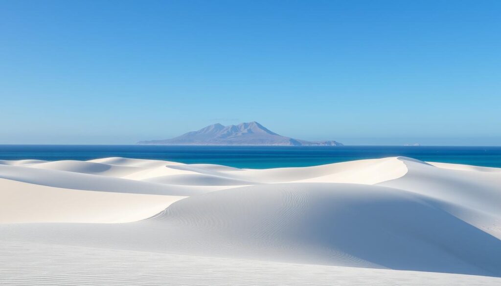 Wydmy Corralejo na północy Fuerteventury z widokiem na ocean i wyspę Lobos