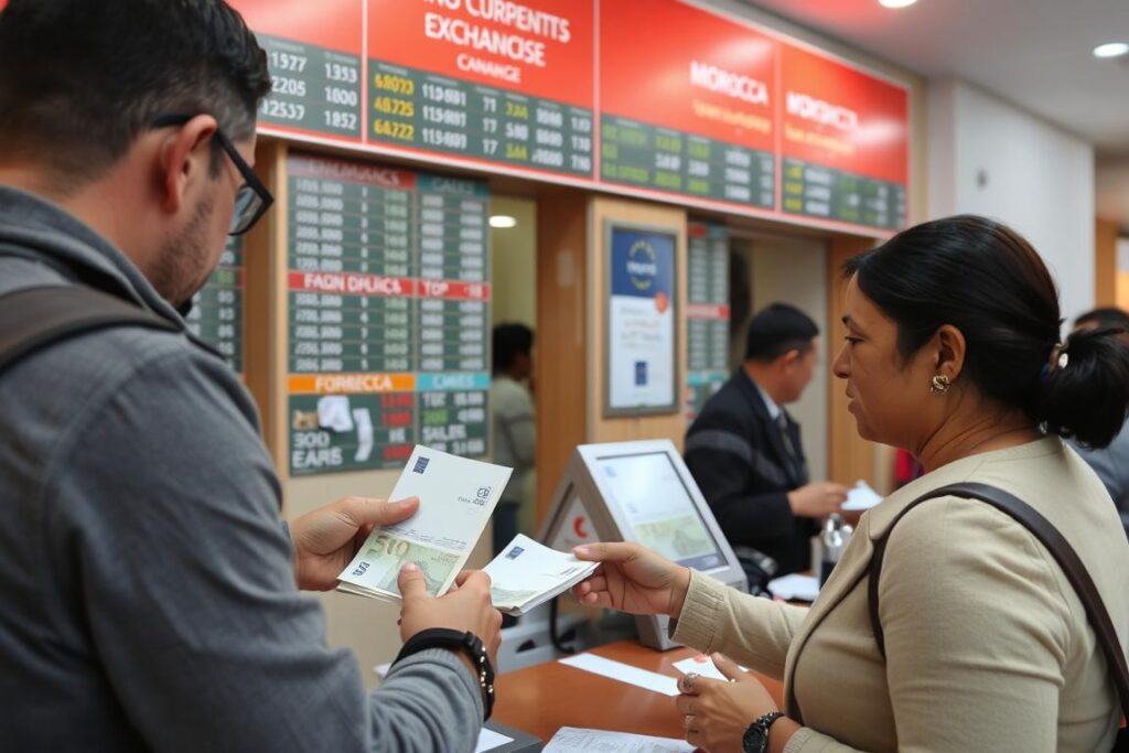 Wymiana waluty w kantorze w Maroku - turysta wymienia euro na dirhamy