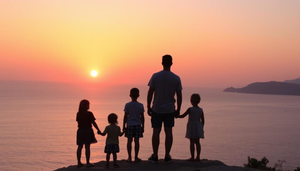 Zachód słońca na Zakynthos - rodzina z dziećmi podziwiająca widok