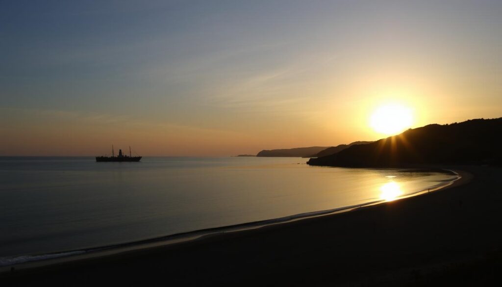 Zachód słońca nad plażą La Concha w San Sebastian z widokiem na zatokę i wyspę Santa Clara