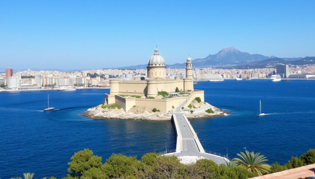 Zamek Jajeczny (Castel dell'Ovo) w Neapolu na tle Zatoki Neapolitańskiej