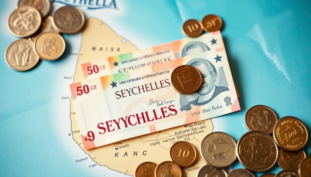 Banknoty i monety rupii seszelskiej na tle mapy Seszeli