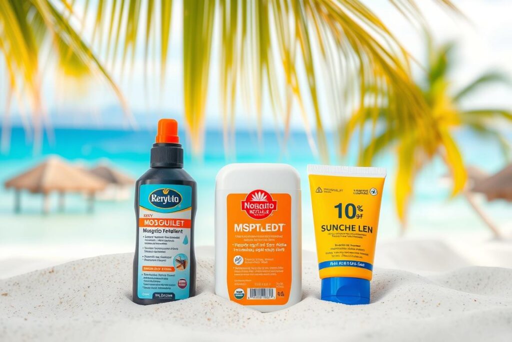 Butelka z repelentem na komary i krem z filtrem przeciwsłonecznym na tle tropikalnej plaży