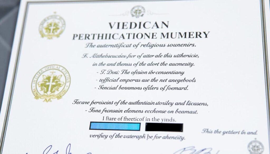Certyfikat autentyczności watykańskiej pamiątki z oficjalną pieczęcią