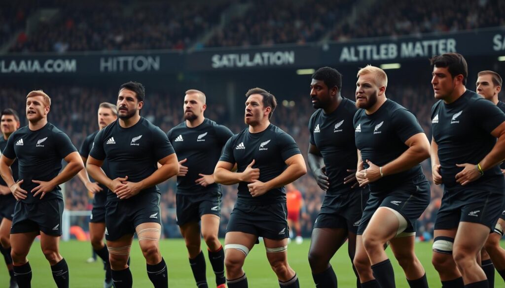 Drużyna rugby All Blacks wykonująca Haka przed meczem - symbol nowozelandzkiej kultury