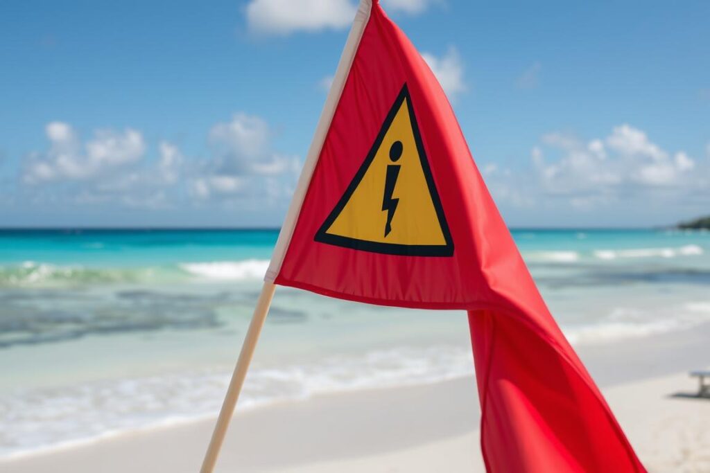 Flaga ostrzegawcza na plaży na Seszelach informująca o silnych prądach