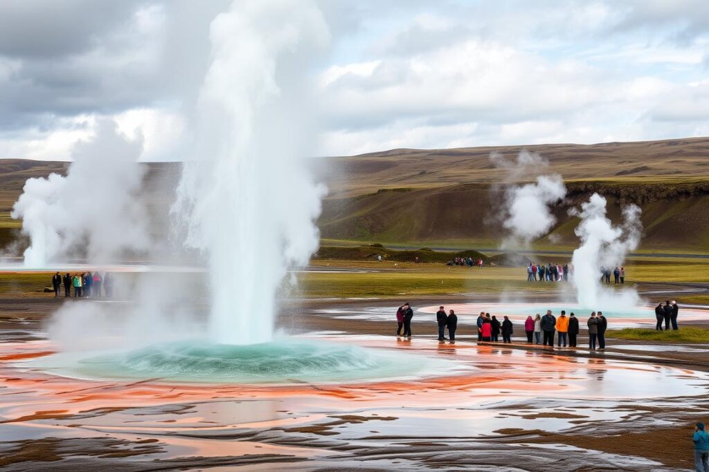 Gejzer Strokkur w momencie erupcji, wyrzucający słup wody na wysokość około 30 metrów, otoczony przez turystów