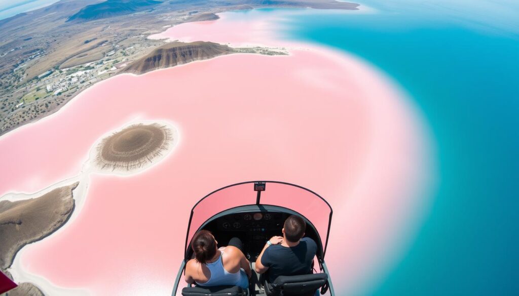 Helikopter turystyczny nad różowym jeziorem Hillier oferujący loty widokowe