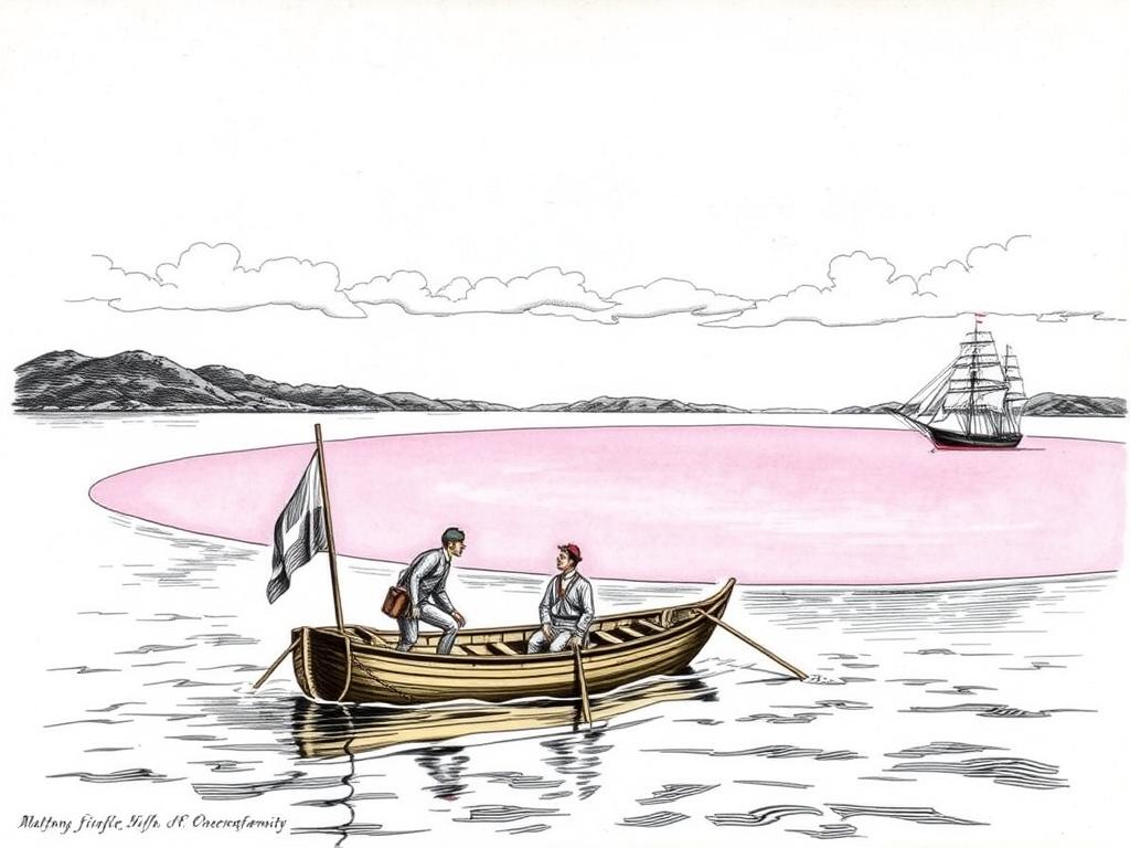 Historyczna ilustracja przedstawiająca Matthew Flindersa odkrywającego różowe jezioro Hillier w 1802 roku